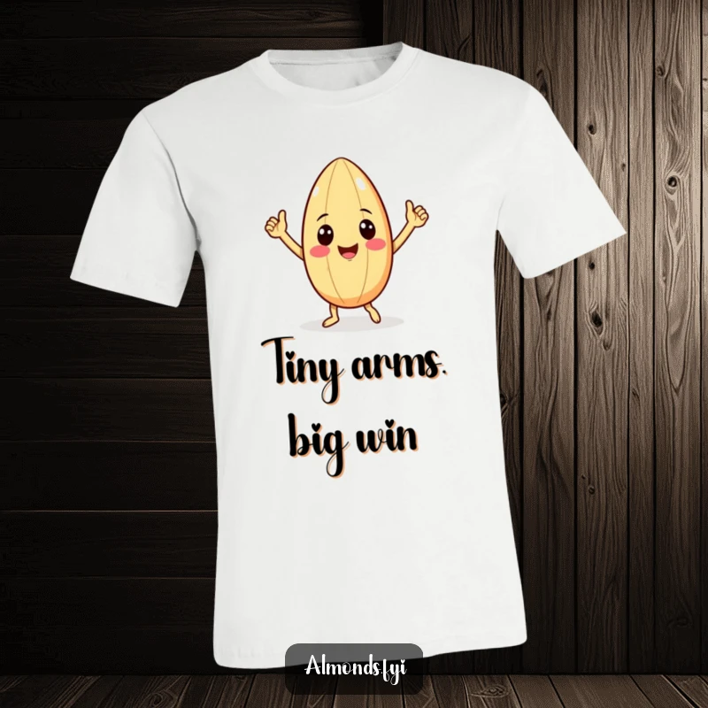 Funny t-shirt showcasing a smiling almond character with comically tiny arms performing an enthusiastic victory dance, radiating pure celebratory energy.