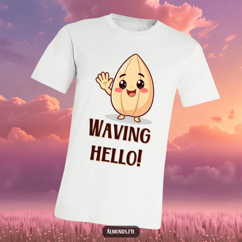 Funny t-shirt featuring a delighted almond character waving with a big smile, embodying cheerful greetings and infectious happiness humorously.