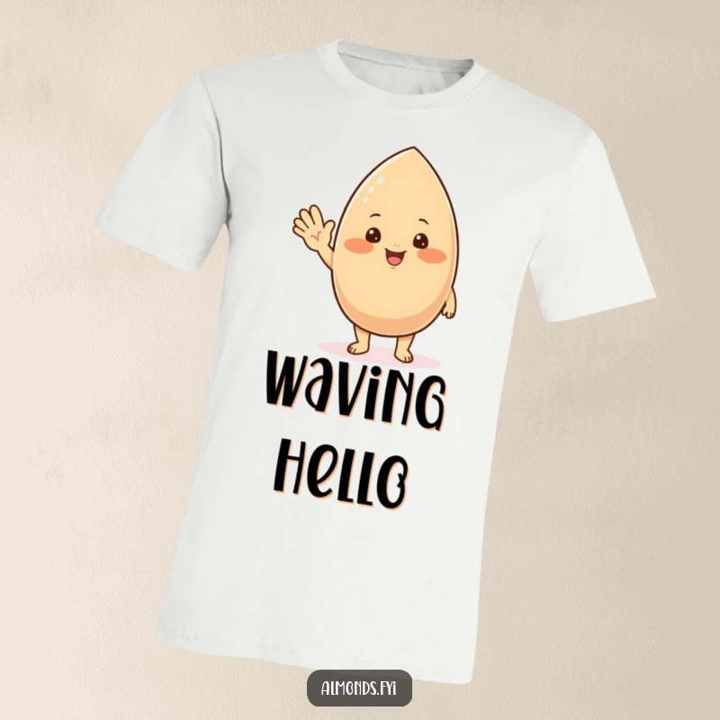 Funny t-shirt showcasing a chubby, blushing almond character with a warm smile, extending a friendly wave.