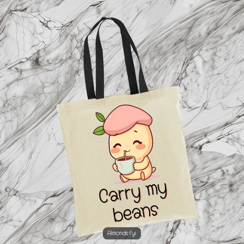 Funny tote bag with a happy almond character wearing a beret, holding a coffee cup, a humorous accessory for daily use.