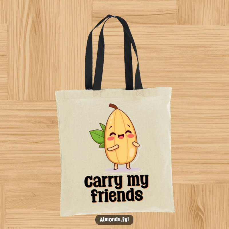 Funny tote bag featuring a happy almond character playfully bopping a smaller almond with its tip, full of good-natured fun.