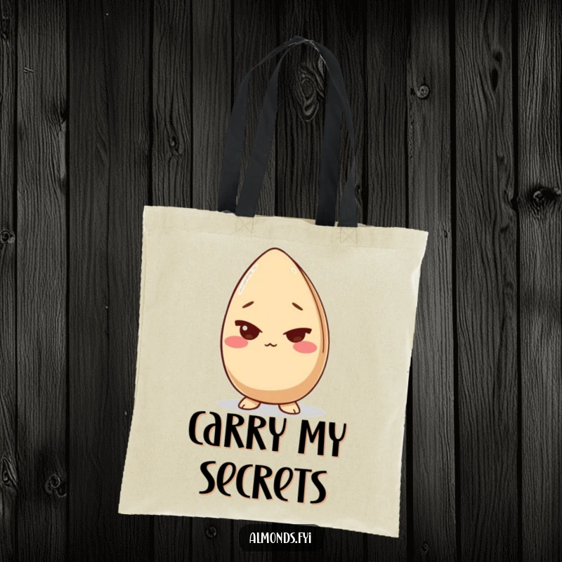 Funny tote bag with a giggling almond character giving a sly wink, a stylish and humorous accessory for everyday use.