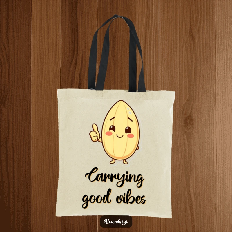 Funny tote bag with a happy almond character giving a thumbs up, perfect for carrying items with a cheerful, positive vibe.