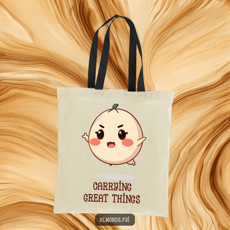 Funny tote bag with a determined, round almond character with a fierce expression, ready to leap into action.