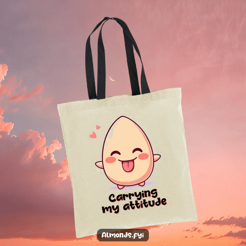 Funny tote bag showcasing a cute almond character sticking its tongue out with a mischievous, cheeky grin.