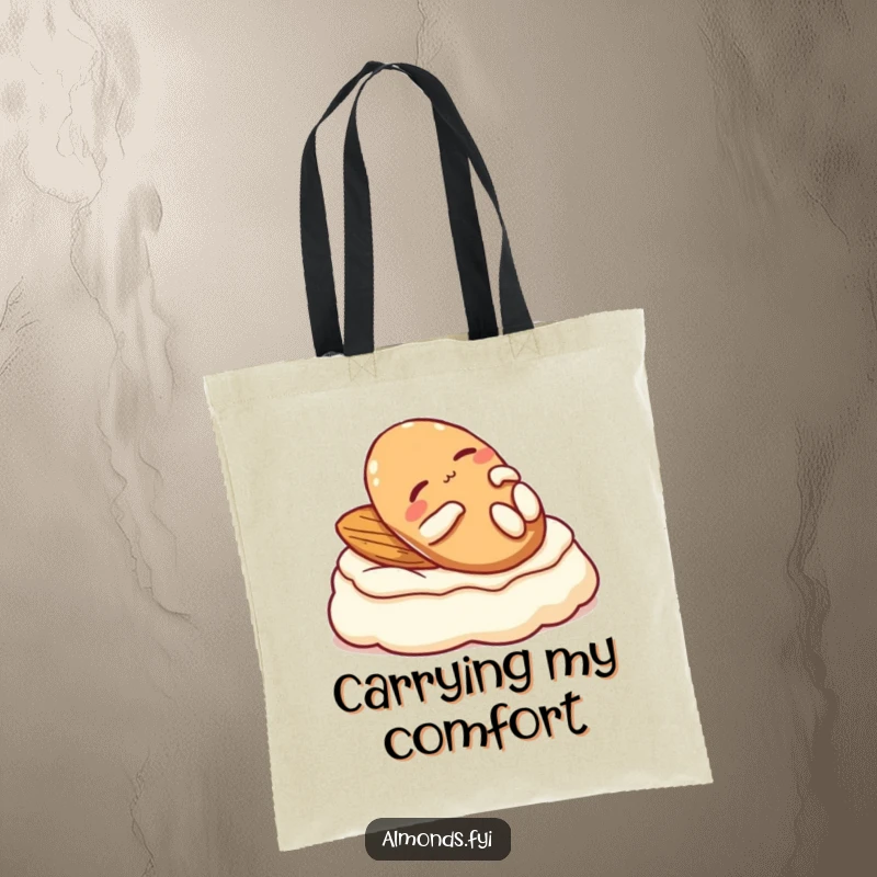 Funny tote bag: A relaxed almond character blissfully lounging on a cloud of cream, serene and content.