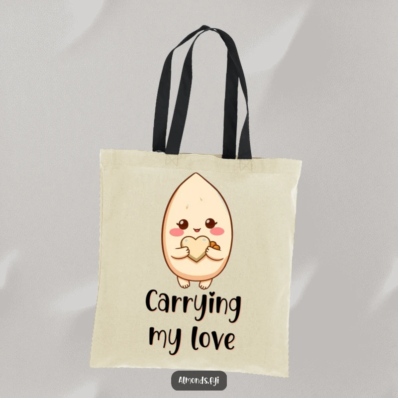 Funny tote bag featuring a bashful almond character holding a tiny, perfectly formed heart-shaped nut.