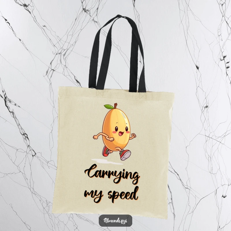 Funny tote bag with an anthropomorphic almond wearing tiny sneakers, running a race, perfect for carrying items with humor.
