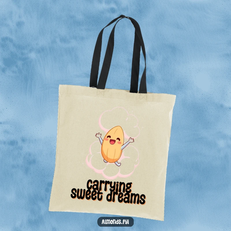 Funny tote bag with a happy almond character leaping into a giant, friendly marshmallow cloud, conveying a sense of weightless joy.