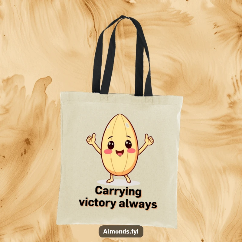 Funny tote bag showing a smiling almond character with small arms enthusiastically performing a victory dance, ready to carry your day.