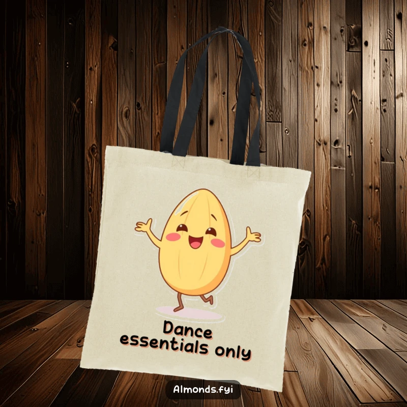 Funny tote bag featuring a happy almond character performing a delightful, silly dance with its comically small legs.