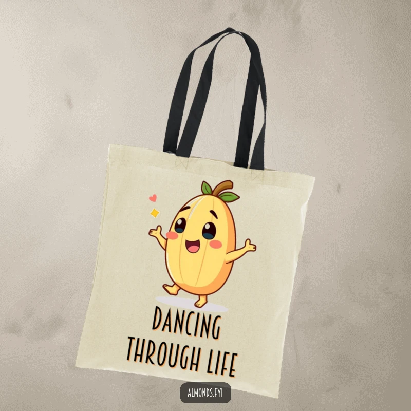 Funny Tote Bag with a giggling almond character performing a funny dance, perfect for carrying items with humorous flair.