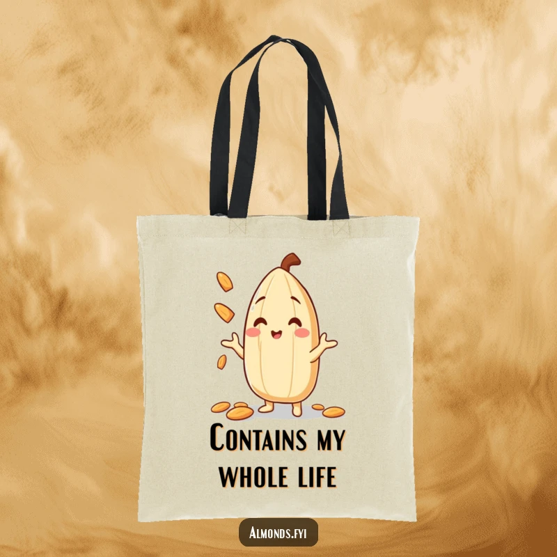 Funny Tote Bag featuring a delighted almond character expertly juggling tiny almond slivers, perfect for carrying groceries and smiles.