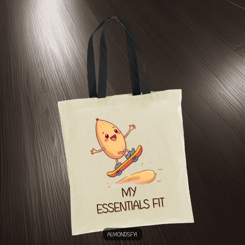 Funny tote bag showing a happy almond with tiny legs skateboarding downhill on a cashew, a humorous and practical accessory.