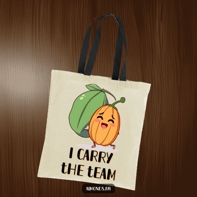 Funny tote bag with a determined almond character trying to push a large, friendly raisin, great for shopping.