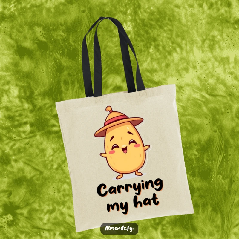 Funny tote bag featuring a mischievous almond character balancing a tiny hat, adding a playful touch to errands.