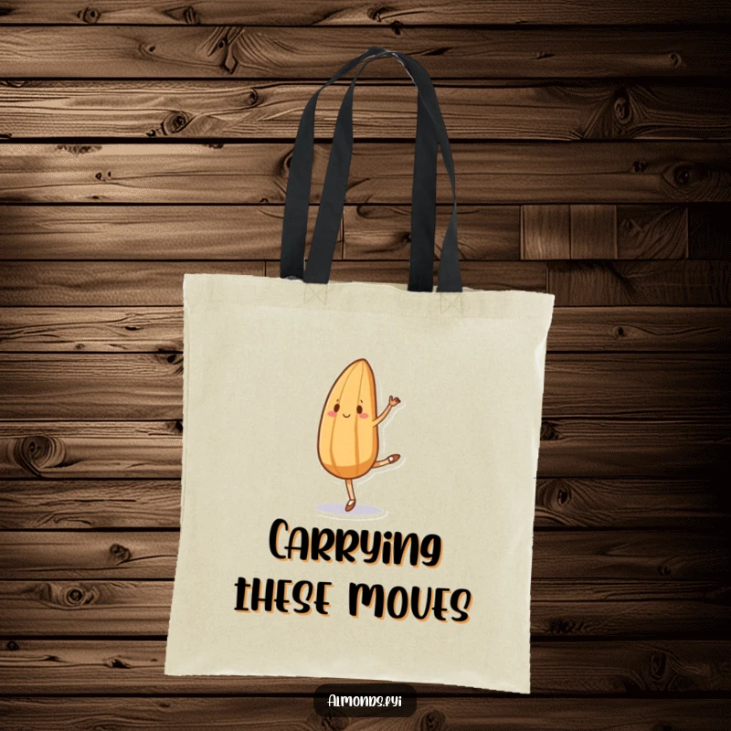 Funny tote bag with a determined almond character attempting a ballet move with comically awkward grace, highlighting a humorous performance.