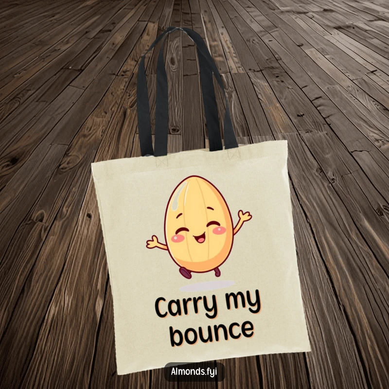 Funny tote bag with a giggling almond character on legs, happily bouncing, great for carrying daily essentials.