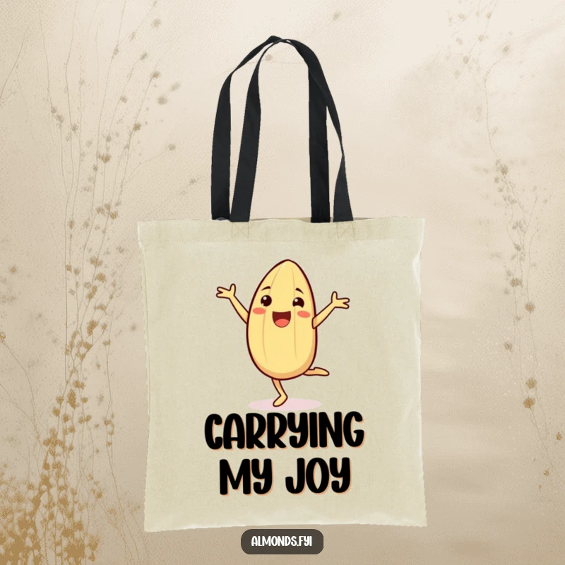 Funny Tote Bag with a cheerful almond character doing a cartwheel, perfect for carrying items with happy, energetic flair.