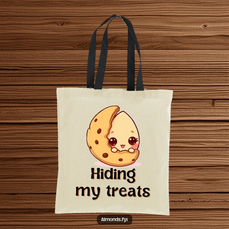 Funny tote bag with a curious almond character peeking from behind a cookie, ideal for snack lovers. Ideal funny gift.