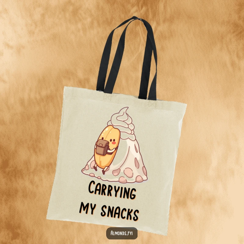Funny determined almond hiking a whipped cream mountain, on a durable tote bag.