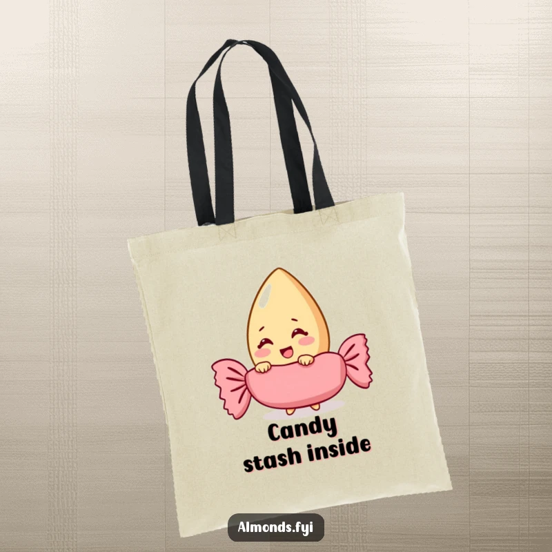 Funny almond character giggling behind a giant candy wrapper, designed on a durable tote bag for a sweet accessory.