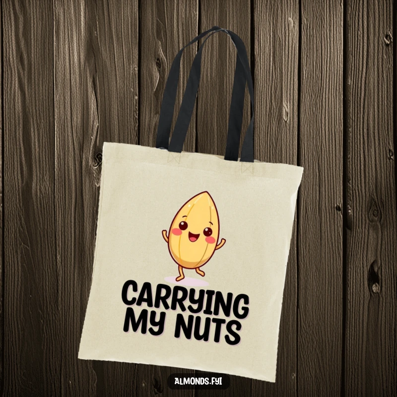 Funny tote bag featuring a happy almond character doing a little jig, its shell wiggling with infectious cheer.