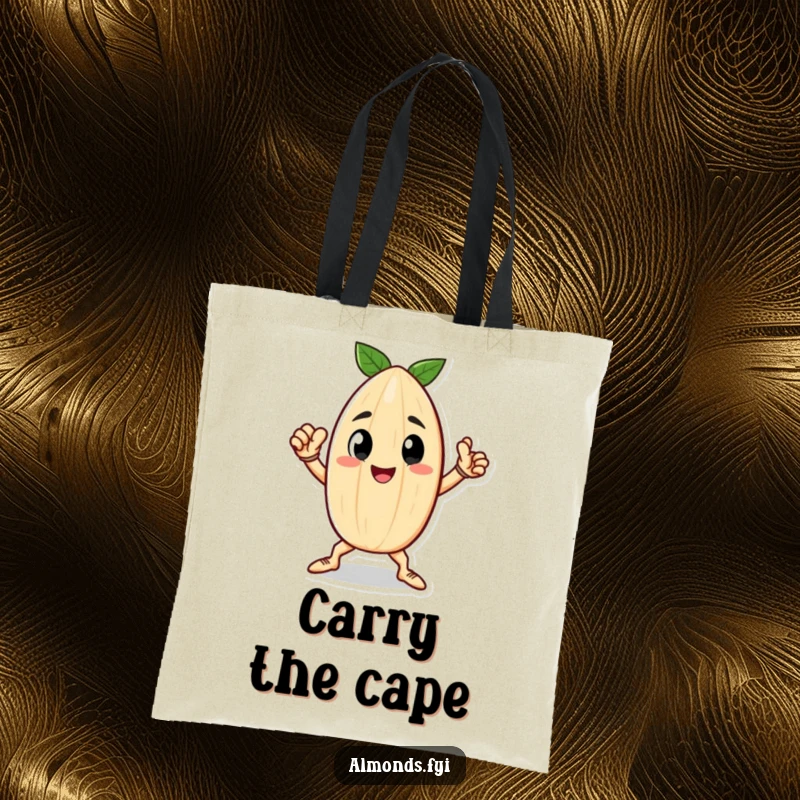 Funny tote bag with a happy little almond character striking a heroic pose, a powerful and humorous accessory.