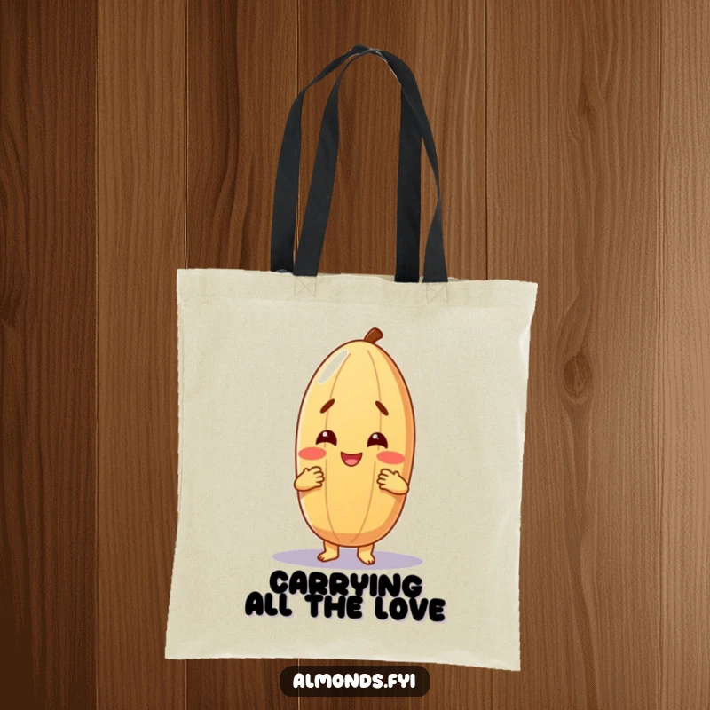 Funny tote bag showing a cheerful almond character offering a warm, friendly hug, perfect for carrying essentials with a smile.