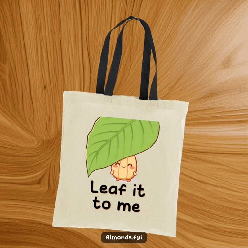 Funny tote bag with a grinning almond character peeking from behind a leaf, a charming and humorous accessory.
