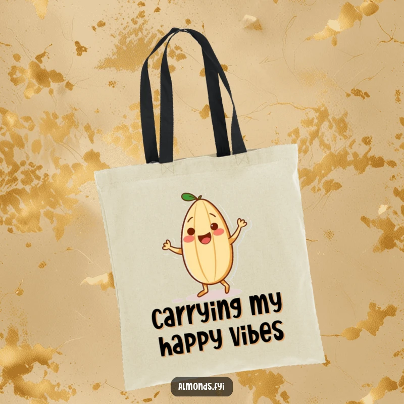 Funny tote bag depicting a playful almond character dancing with a small sprinkle partner, ready for all your adventures.