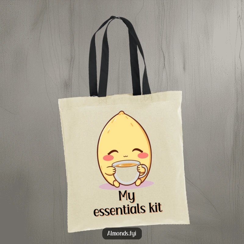 Funny tote bag with a contented almond character peacefully enjoying a tiny cup of tea, symbolizing relaxation and tranquility.
