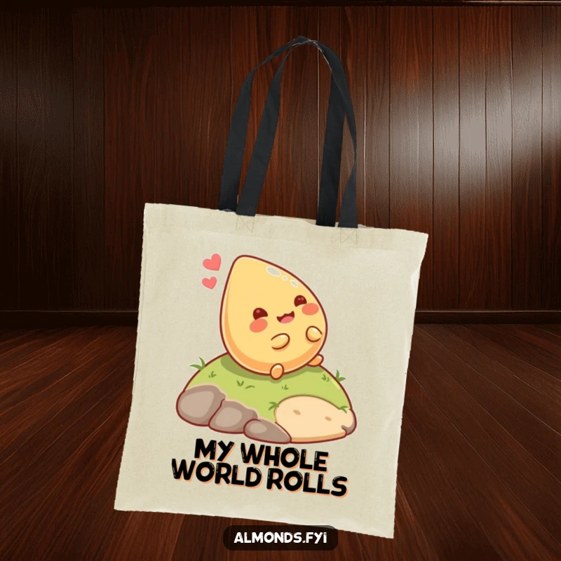 Funny Rolling Almond Tote Bag: A giggling almond character happily rolling down a small hill, a humorous and practical bag. Great funny gift.