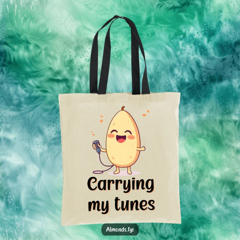 Funny tote bag featuring a joyful almond character clutching a small microphone, appearing ready to sing.