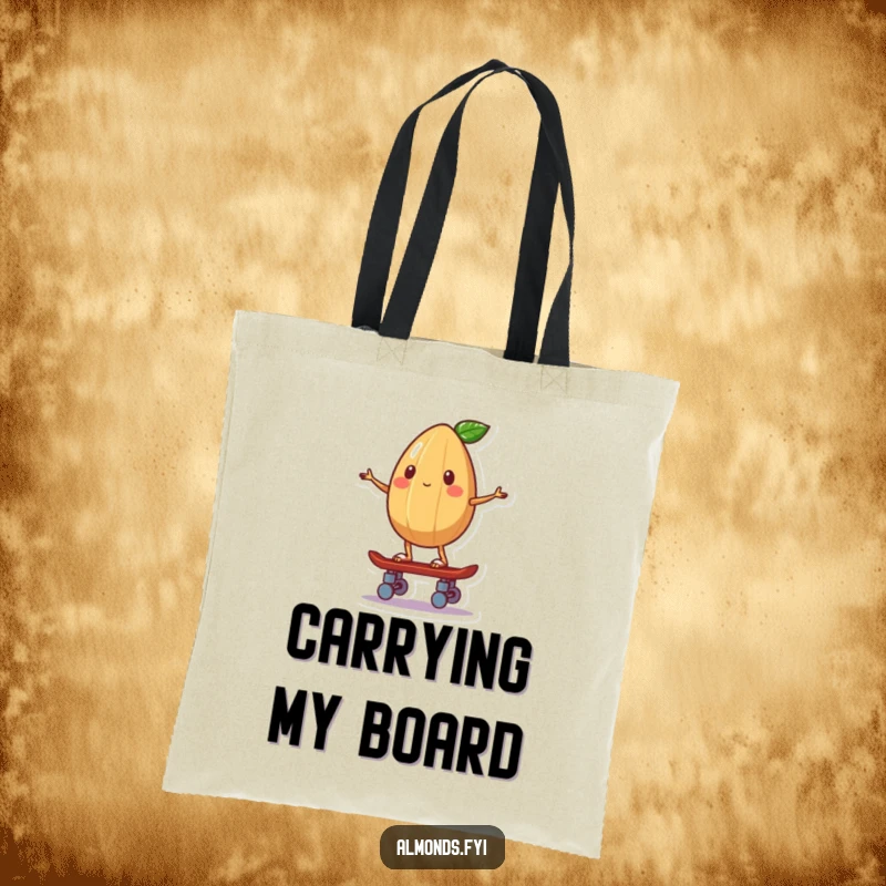 Funny tote bag showcasing a whimsical almond character balancing on a miniature skateboard, looking adventurous.