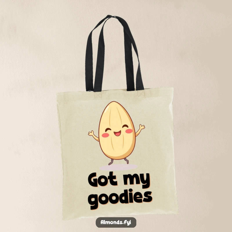 Funny tote bag with a smiling almond character doing a happy dance with tiny legs, perfect for carrying essentials with a joyful flair.