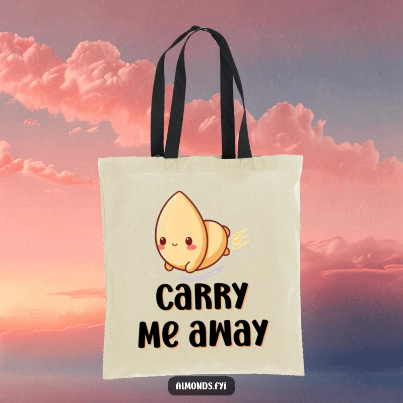 Funny tote bag with a playful almond character sliding rapidly down a smooth surface, symbolizing speed, fun, and adventure.