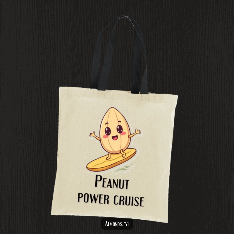 Funny googly-eyed almond character humorously surfing a peanut on a durable tote bag, perfect for beach or grocery runs.