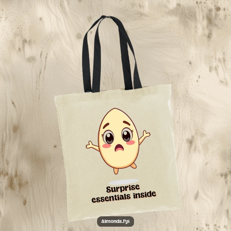 Funny tote bag showing a surprised almond character with wide eyes performing a comical jump, ready to carry your day’s essentials.
