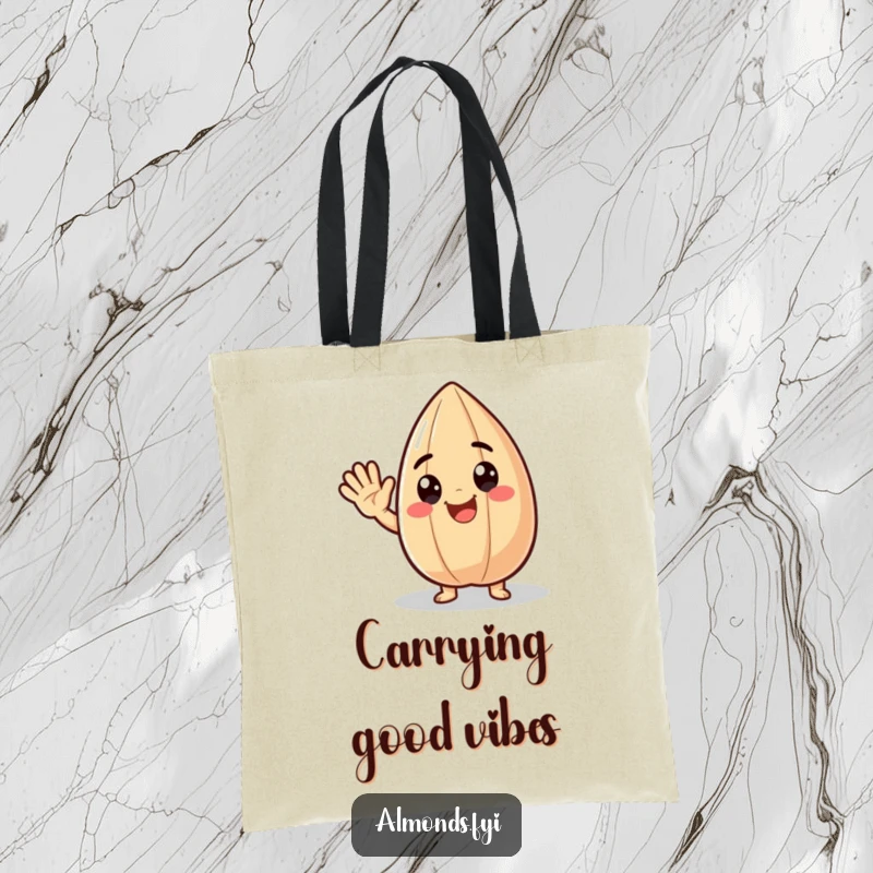 Funny tote bag with a delighted almond character waving enthusiastically, perfect for carrying items with a cheerful and happy vibe.
