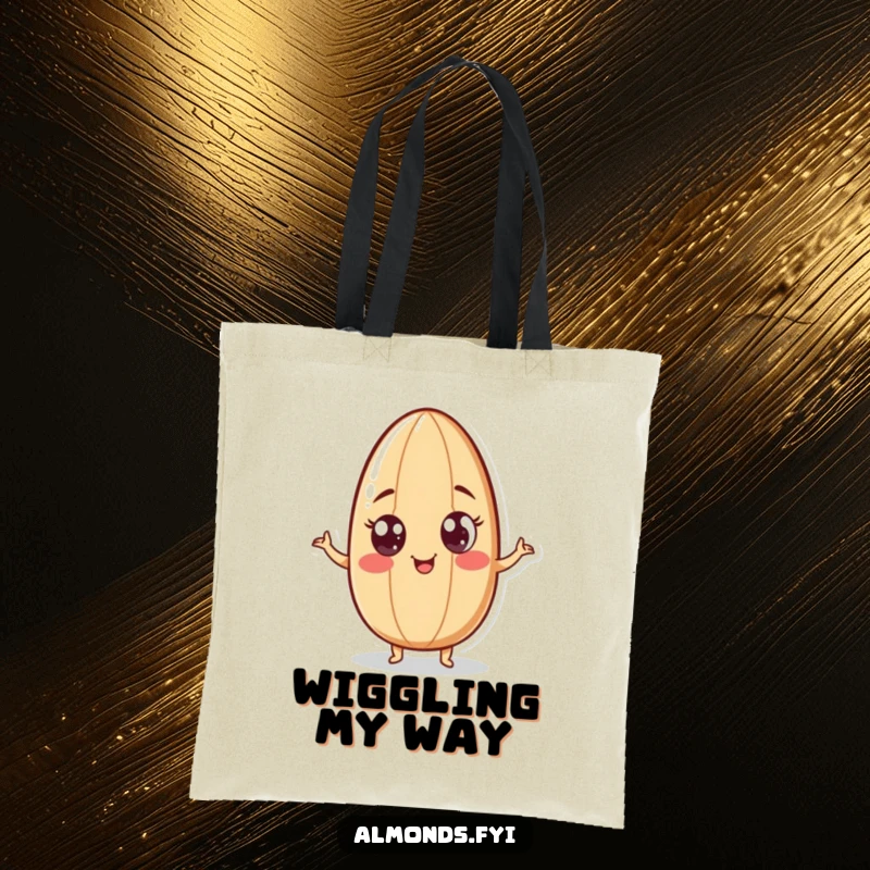 Funny tote bag showing a playful almond character with googly eyes, doing a humorous wiggle, perfect for carrying essentials with personality.