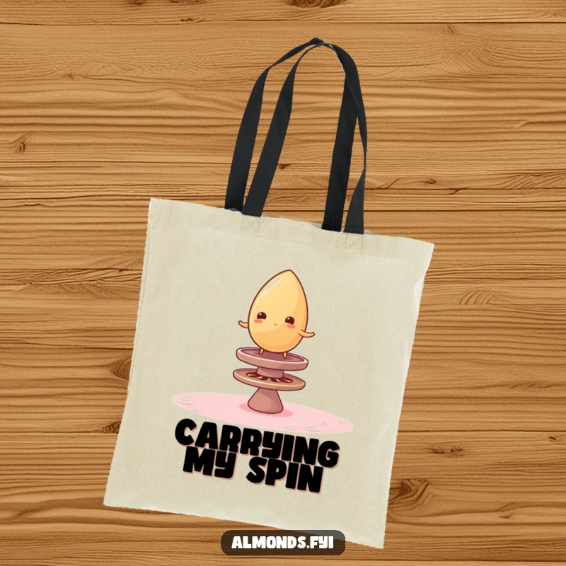 Funny tote bag featuring a wobbly almond balancing on a spinning sugar top, a humorous and practical accessory for daily use.
