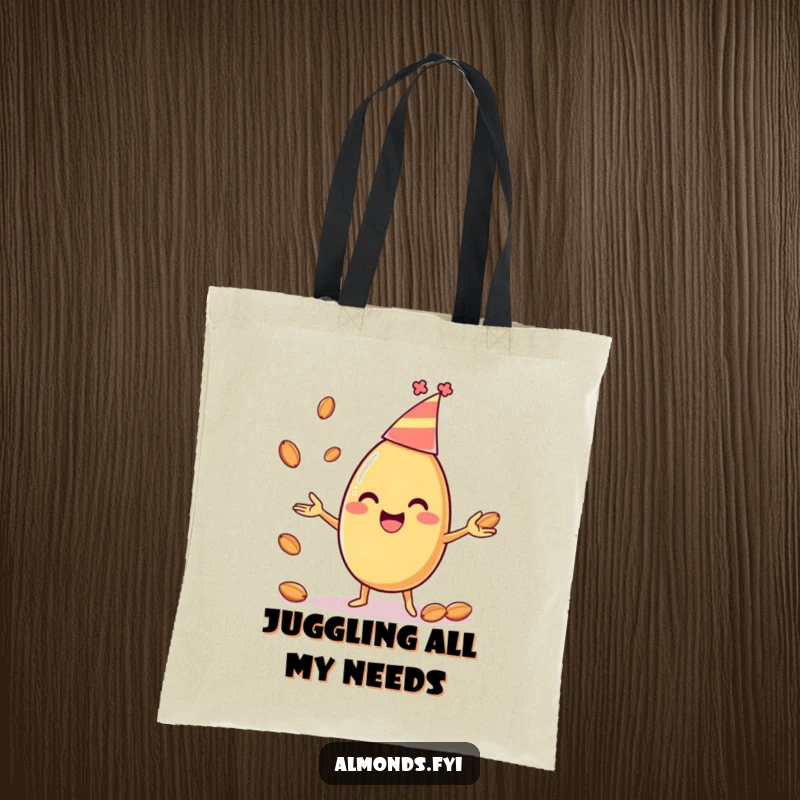 Funny tote bag illustrating a happy almond character in a party hat, juggling smaller almonds with impressive skill and a joyful demeanor.