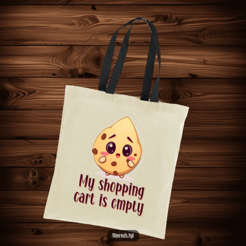 Funny tote bag depicting a surprised almond character with wide eyes fixated on a huge cookie, ready for shopping adventures.