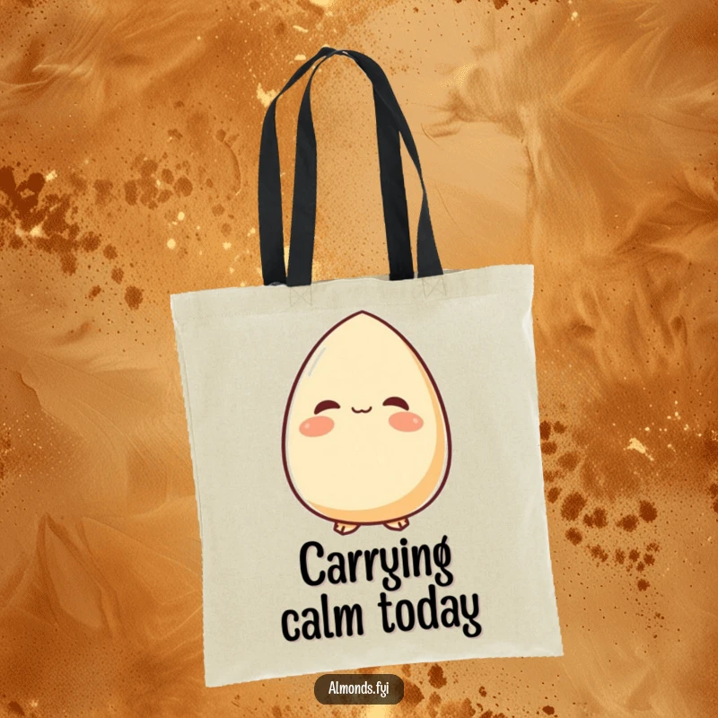 Funny tote bag with a content almond character looking upwards with a peaceful smile, perfect for carrying items with a calm and serene vibe.