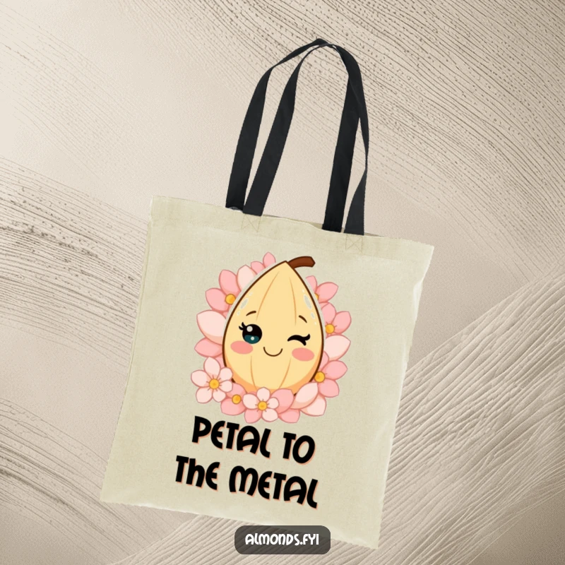 Funny tote bag with a smiling almond character amidst blooming petals, perfect for carrying essentials with a cheerful and floral vibe.
