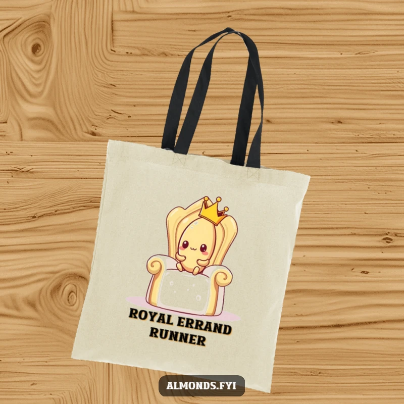 Funny tote bag featuring a shy almond with a crown trying to sit on a giant sugar cube throne, humorous and practical accessory.