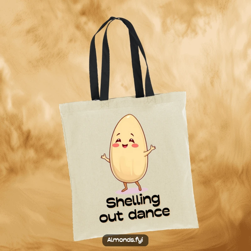 Funny tote bag illustrating a smiling almond character performing a lively salsa dance, ideal for humorous grocery trips.