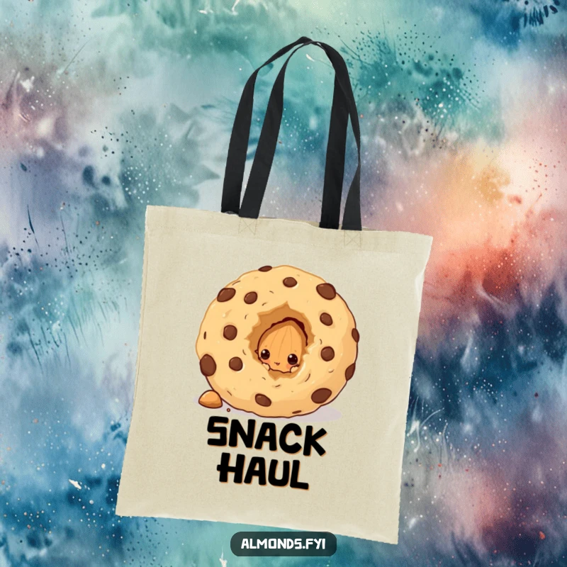 Funny tote bag with a curious almond character peeking from behind a huge cookie crumb, hinting at a hidden stash or tasty secret.