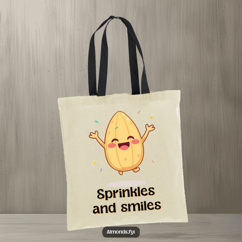 Funny tote bag with a cheerful almond character jumping with sprinkles, perfect for carrying party supplies or daily essentials with flair.